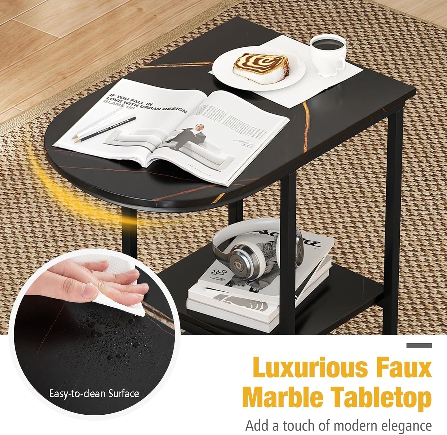 Modern C-Shaped Side Table with Faux Marble Top & Storage Shelf – Slim Overbed S