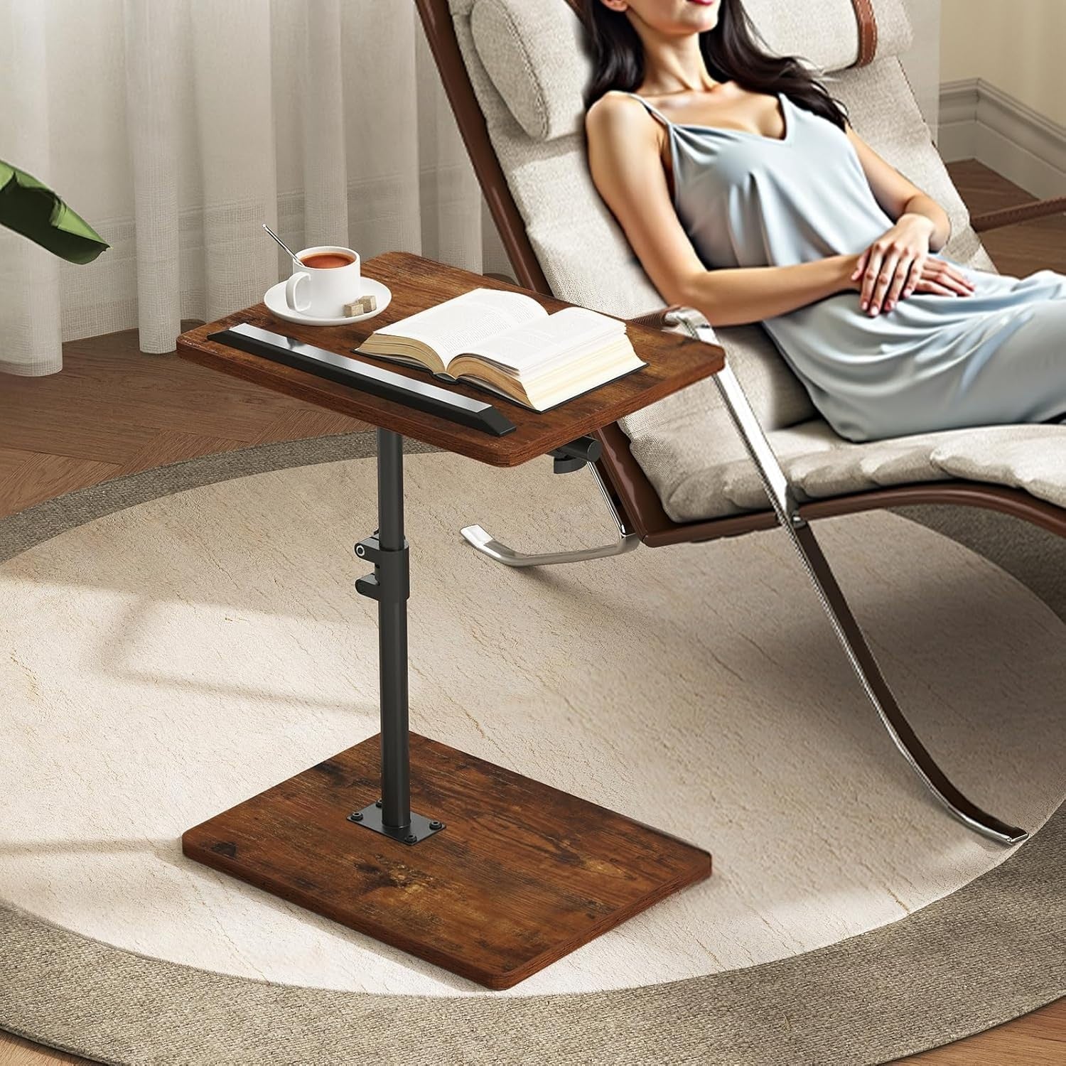 Rustic Adjustable C-Shaped Side Table 360° Rotating Tilt Top w/ Slot