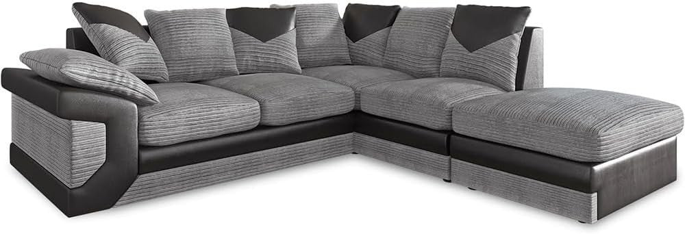 4 Seater L-Shaped Corner Sofa with Footstool Black & Grey Leather Jumbo Cord RH
