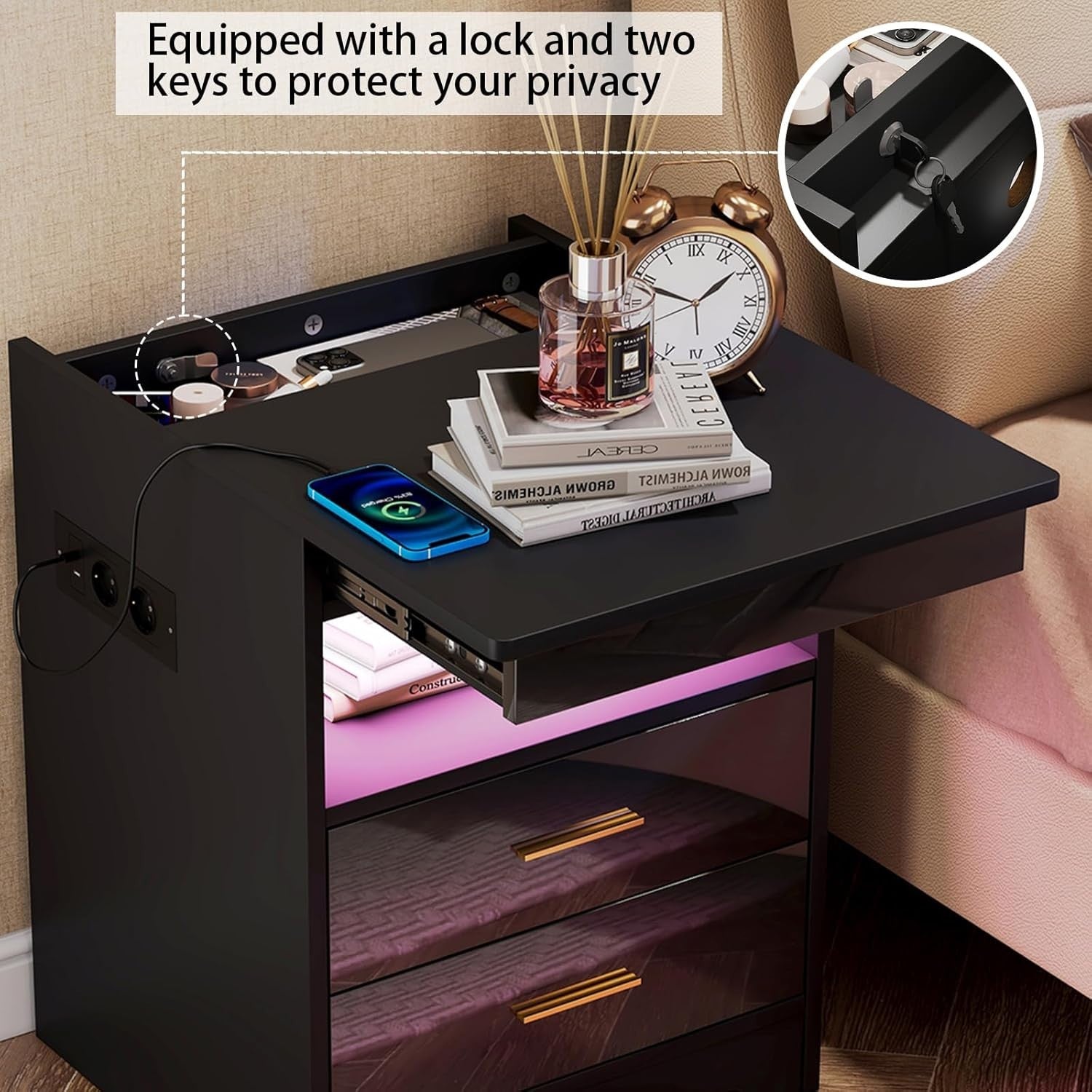 Modern LED Bedside Table with USB Charging, 2 Drawers + Shelf, Gloss Finish