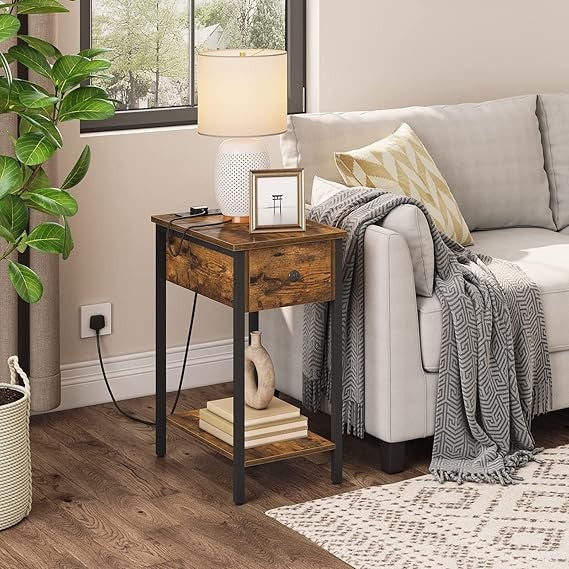 Slim Bedside Table with Charging Ports, Flip Top Storage, Rustic Narrow Side Tab