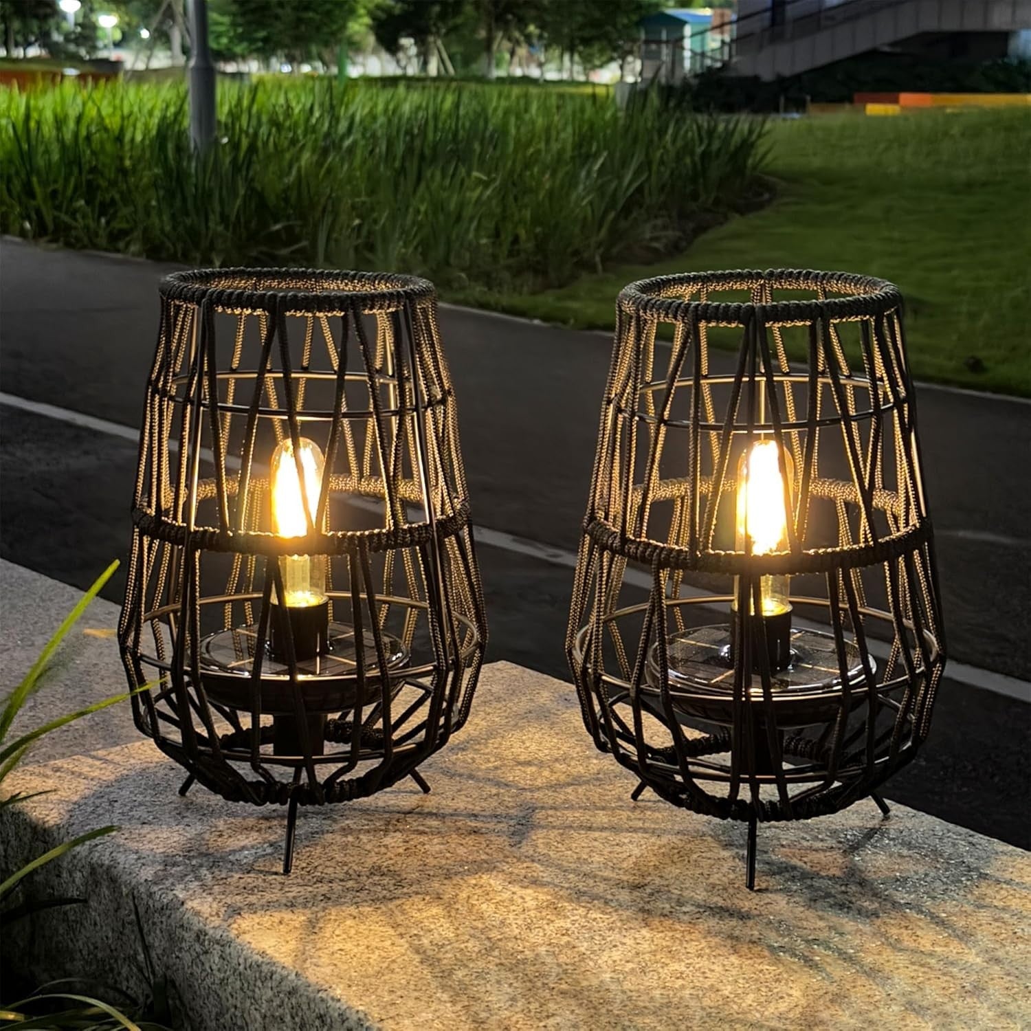 2 Pack Black Solar LED Garden Lanterns Outdoor Waterproof Decor