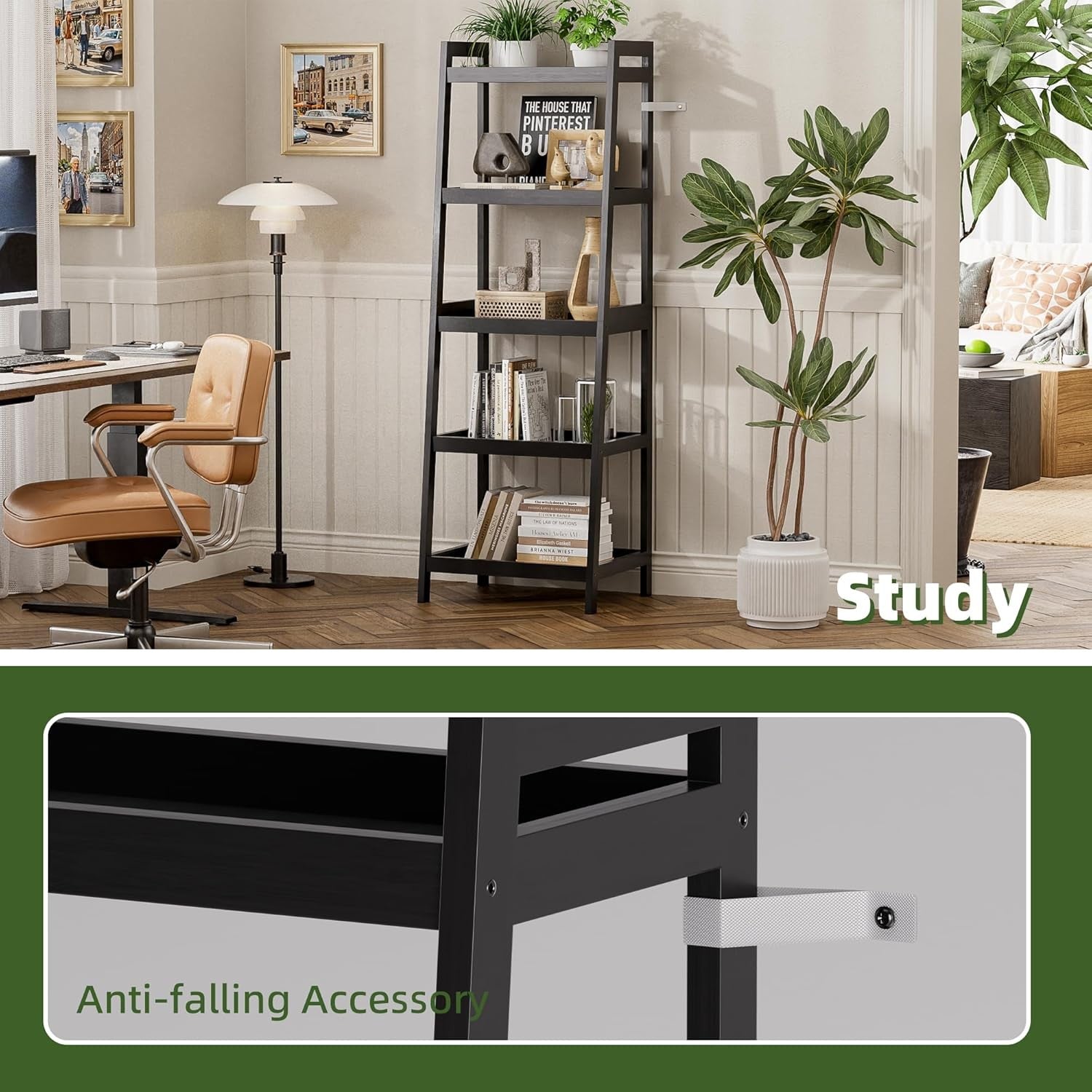 Black 5-Tier Ladder Bookcase, Tall Narrow Bamboo Frame Display Storage Shelf