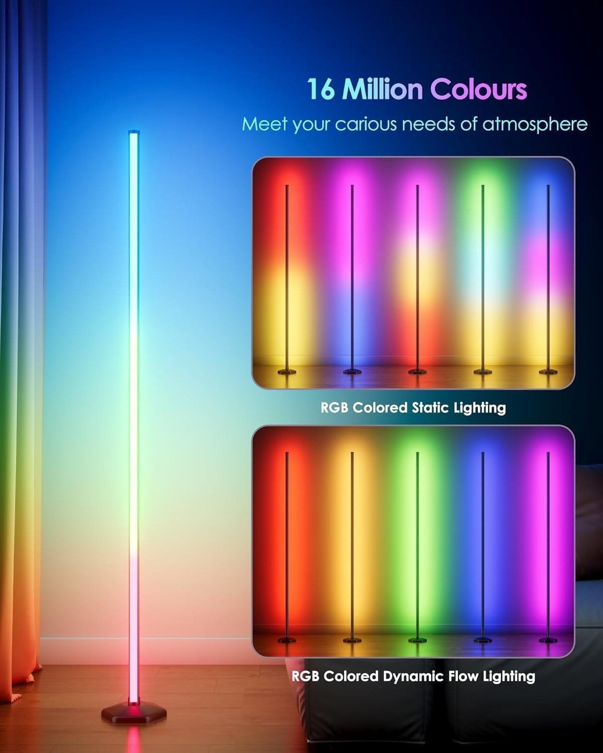 RGB Corner Floor Lamp 2 Pack App Remote Music Sync LED Mood Light Gaming Room