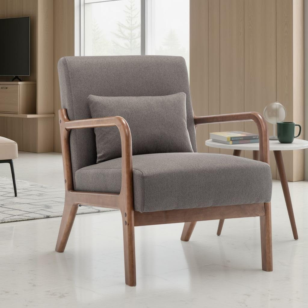 Dark Grey Linen Armchair w/ Lumbar Cushion – Small Wooden Accent Chair