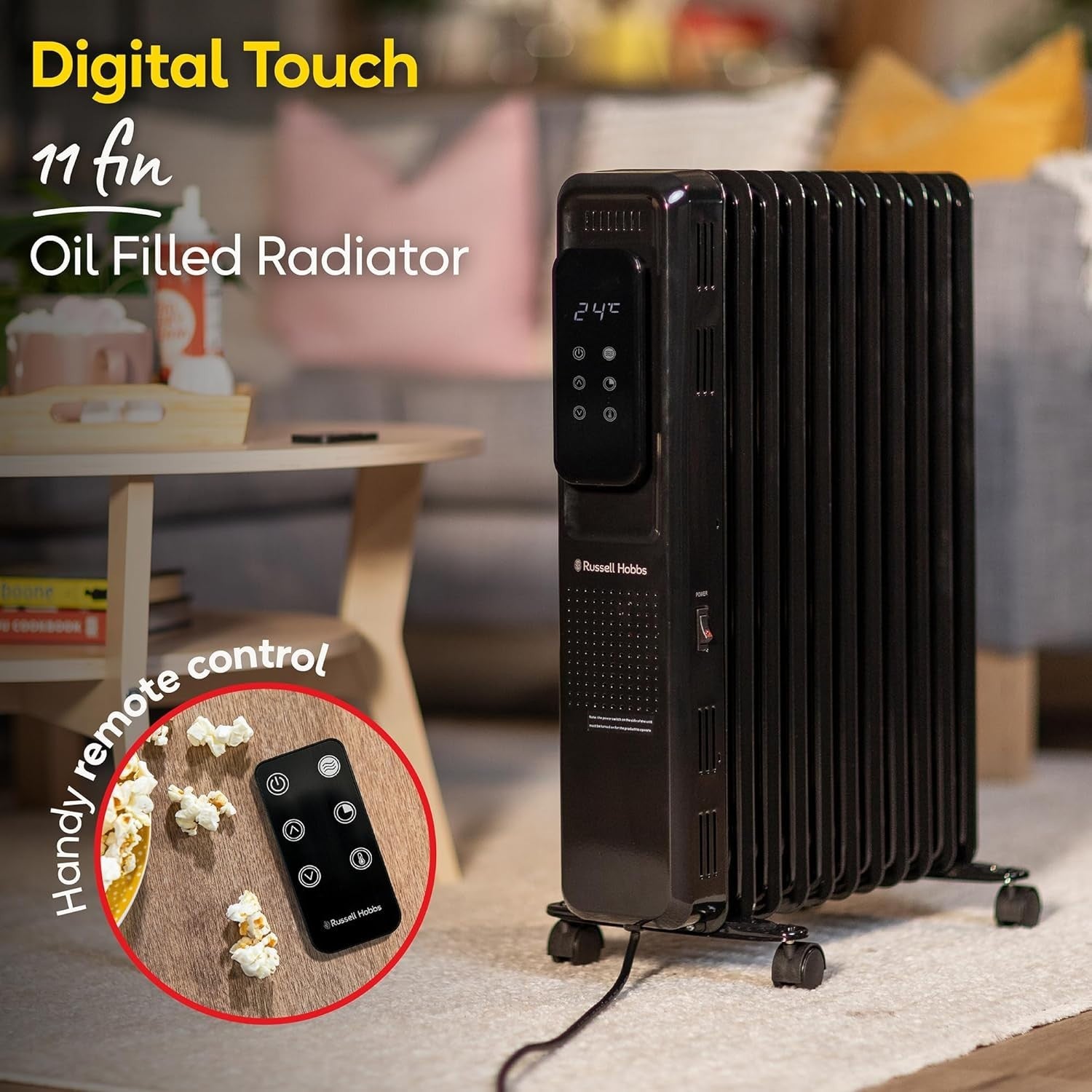 2500W Black Oil Filled Radiator 11 Fin Digital Remote Timer Heater