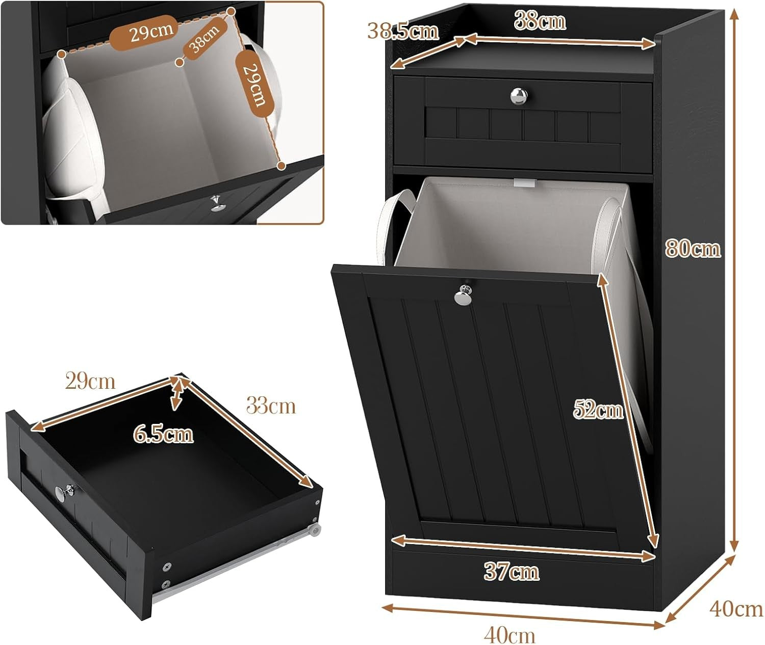 Black Tilt-Out Laundry Cabinet with Drawer & Removable Liner Modern Bathroom Sto