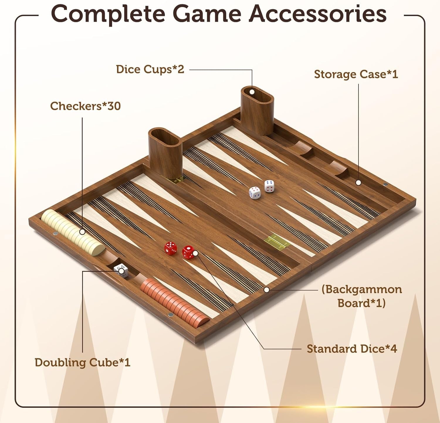 15 Inch Wooden Backgammon Set Folding Travel Board Game Dice Cups