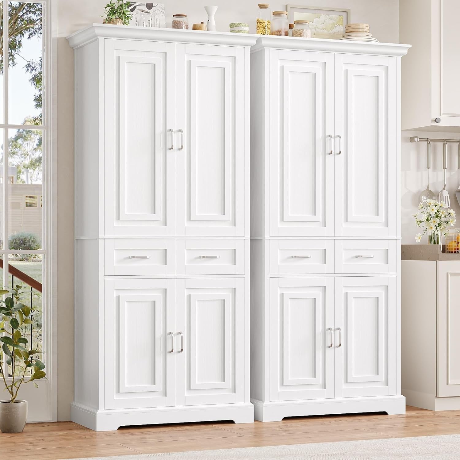 180.5cm Tall Kitchen Cupboard White 4 Doors 2 Drawers Adjustable Shelves