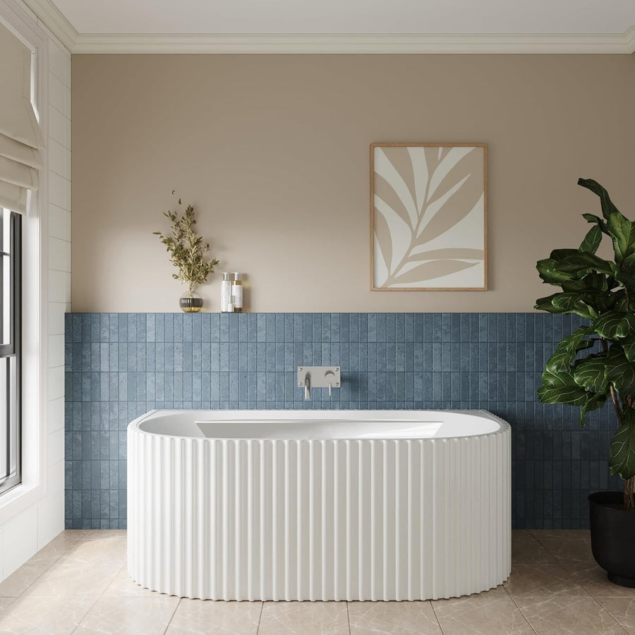 1600x780mm Oval Back-to-Wall Acrylic Bath White Fluted Soaking Tub