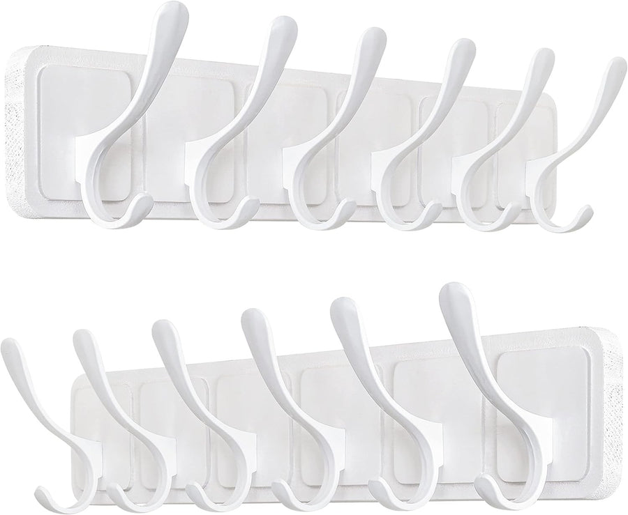 White Wall Coat Rack Set | 2x 6 Hook Wooden Hanger Racks Scandi Minimalist
