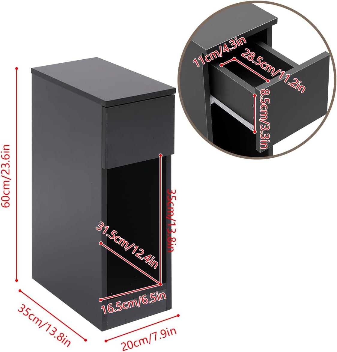 Black Slim Bedside Table with Drawer & Shelf, Narrow Nightstand for Small Rooms