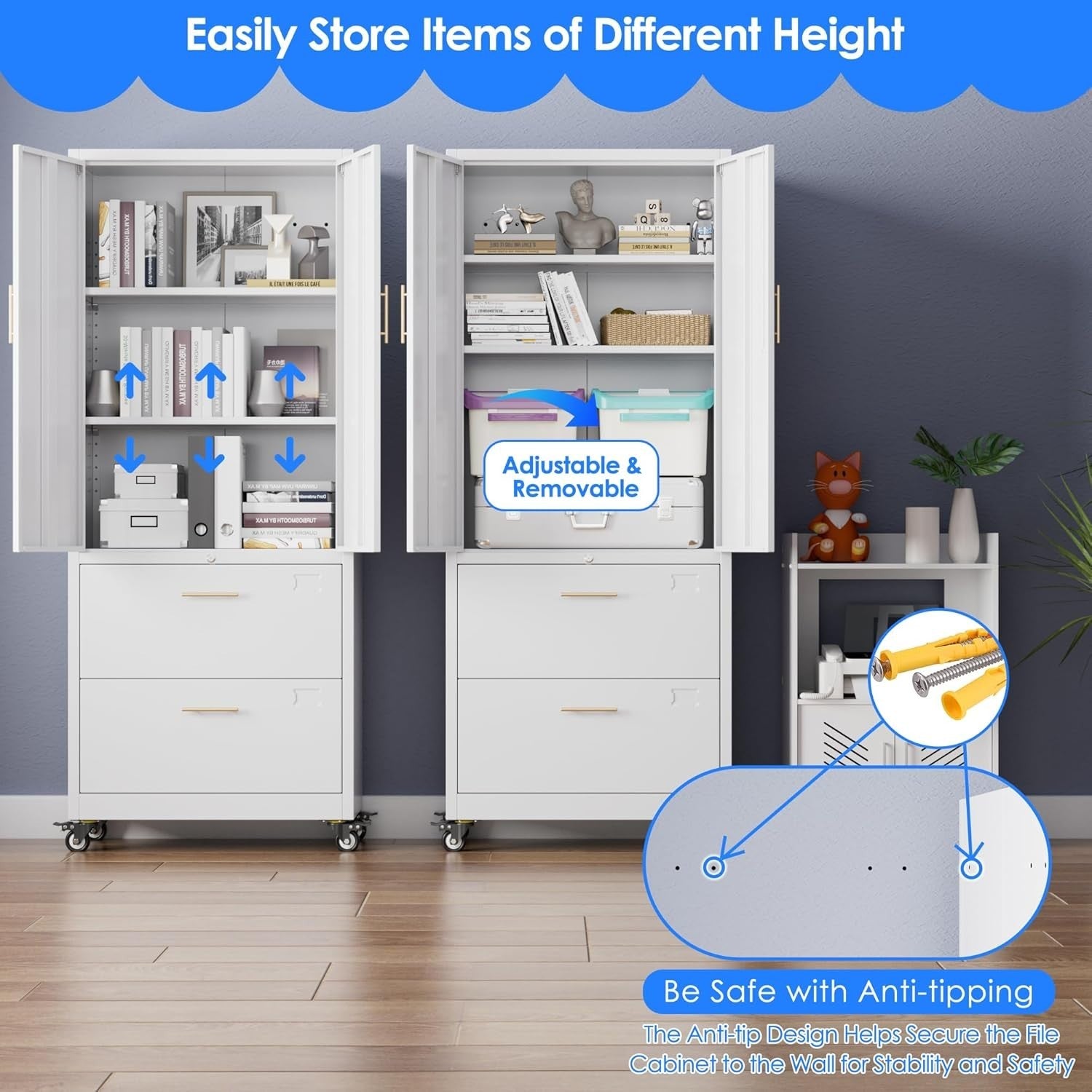 Tall Locking Metal File Cabinet 2 Drawer Rolling Office Storage White