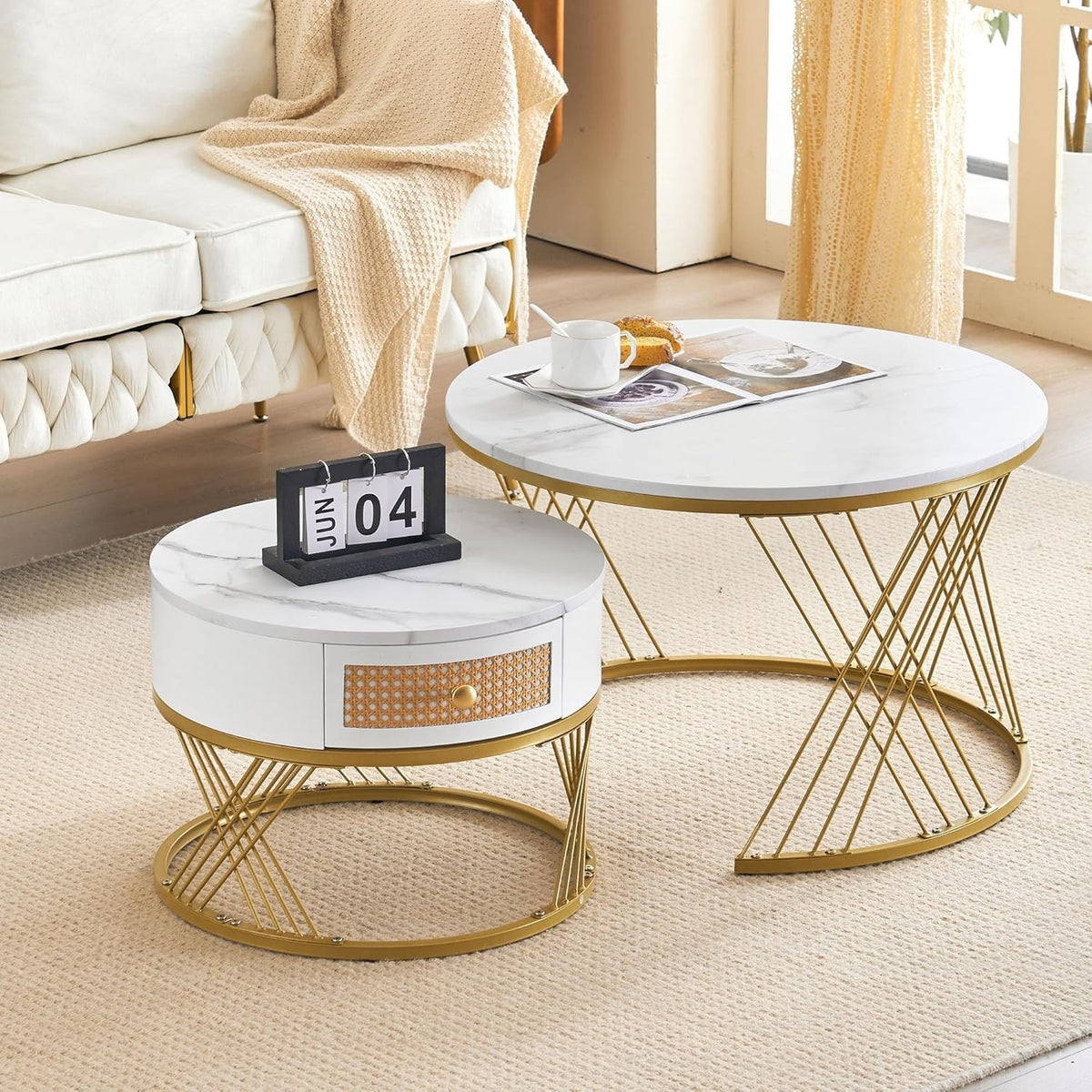 ModernLuxe 2-in-1 Round Coffee Table Set with Rattan Drawer & Gold Metal Frame