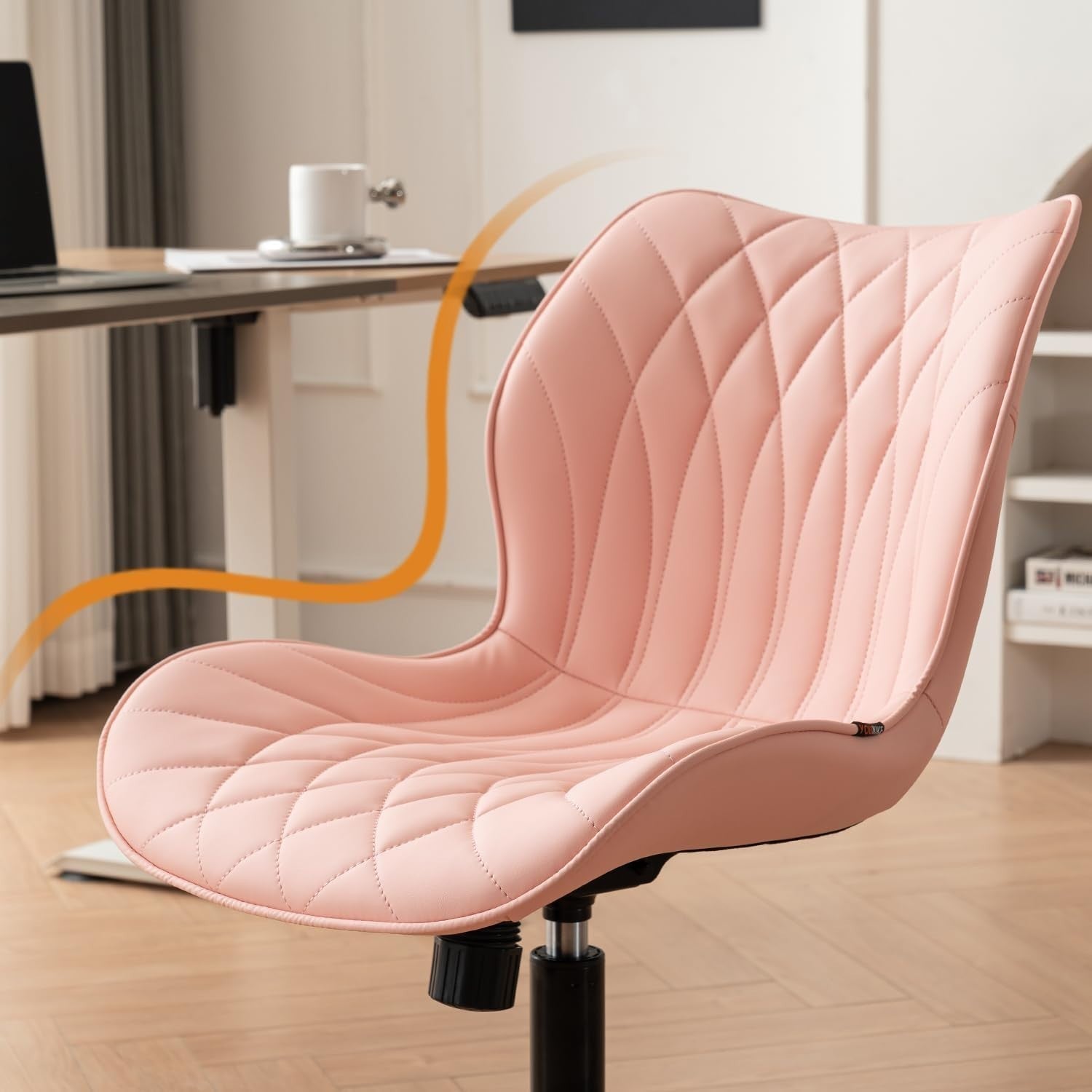 Pink Armless Swivel Office Desk Chair Ergonomic Faux Leather Adjustable Rocking