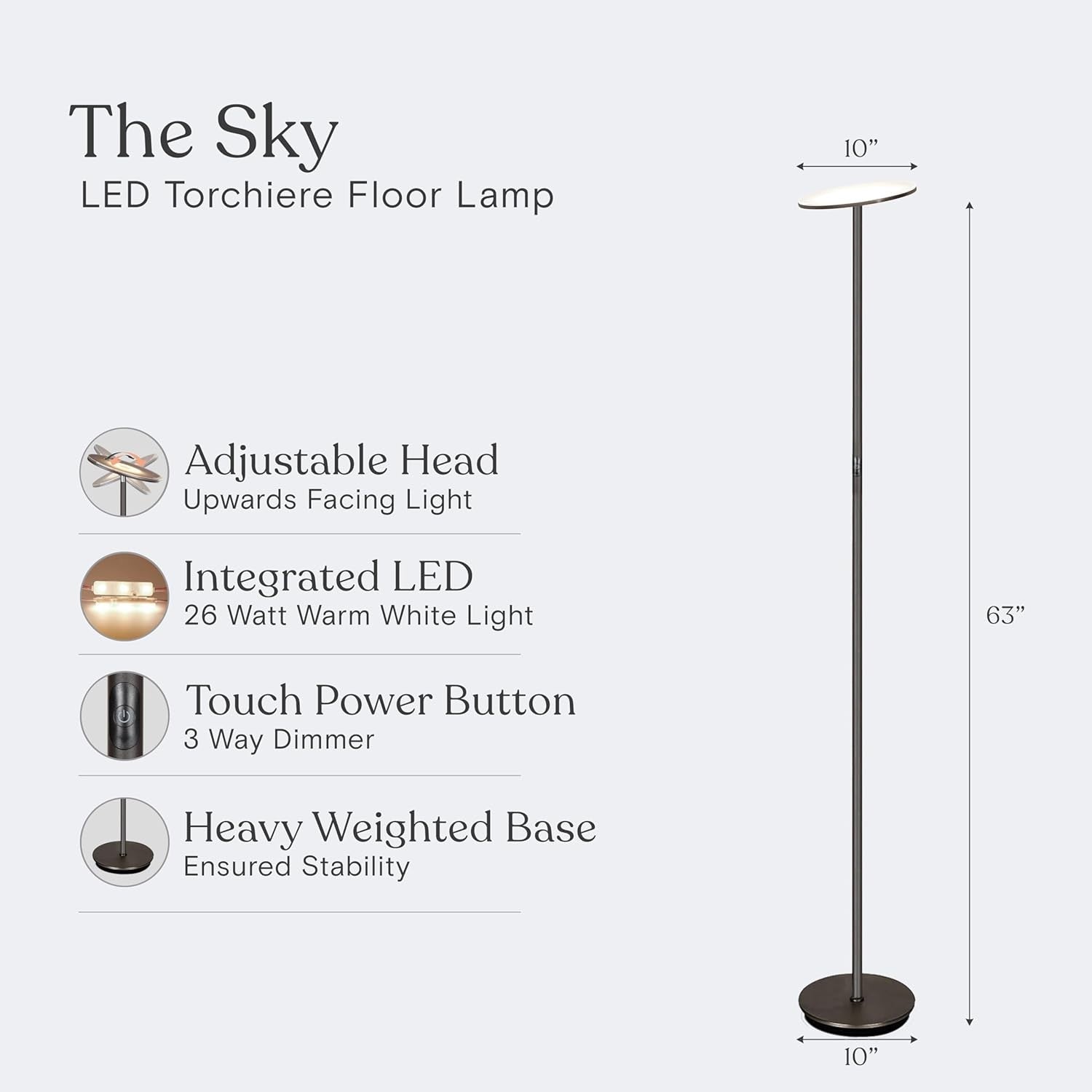 LED Torchiere Floor Lamp Super Bright Dimmable Uplight Modern Standing