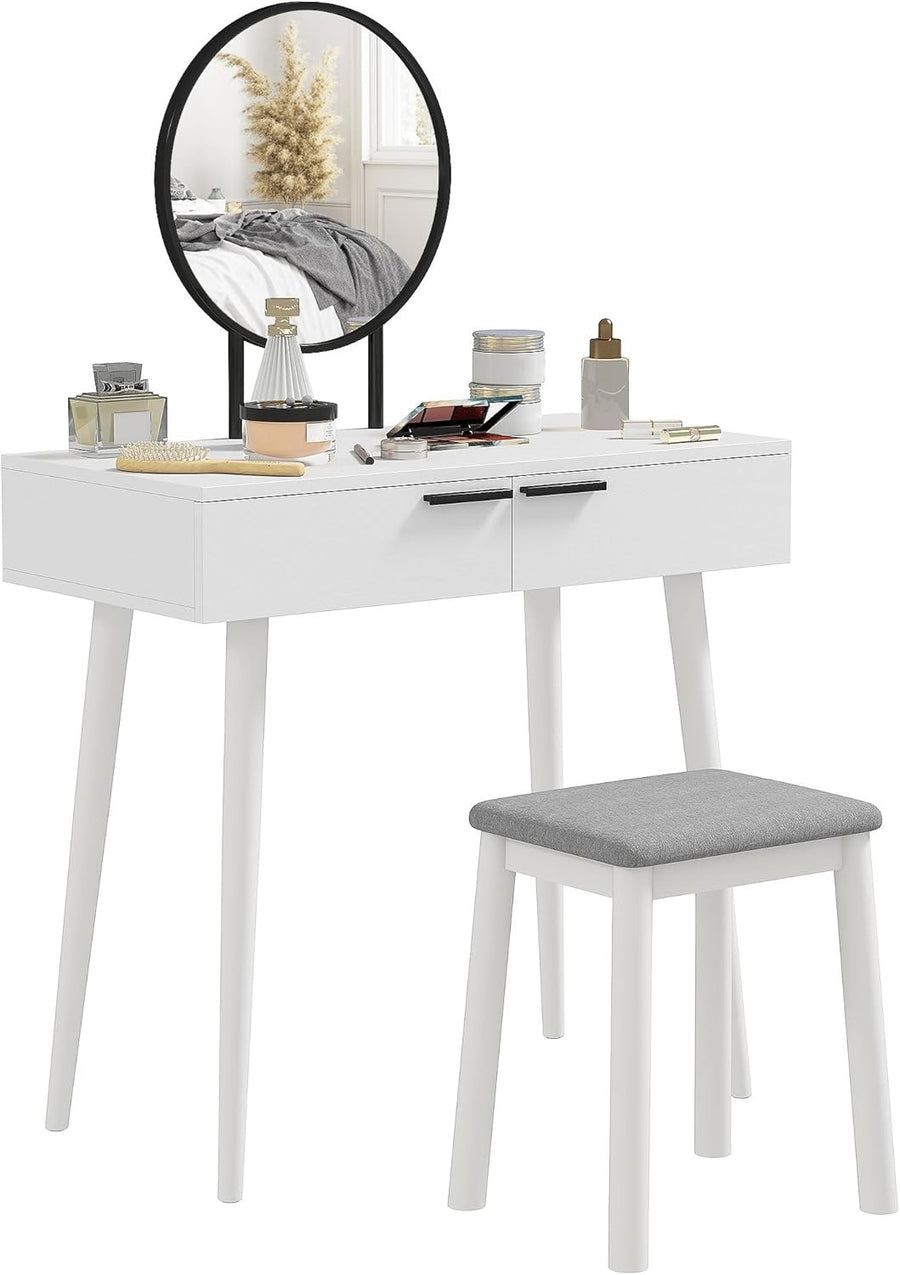 White Dressing Table Stool Set Mirror Drawers Makeup Vanity Desk Bedroom