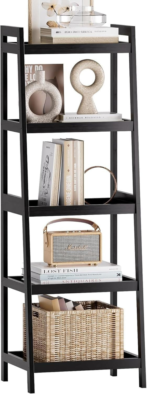 Bamboo Ladder Bookcase 5 Tier Slim Storage Shelf Bathroom Plant Stand