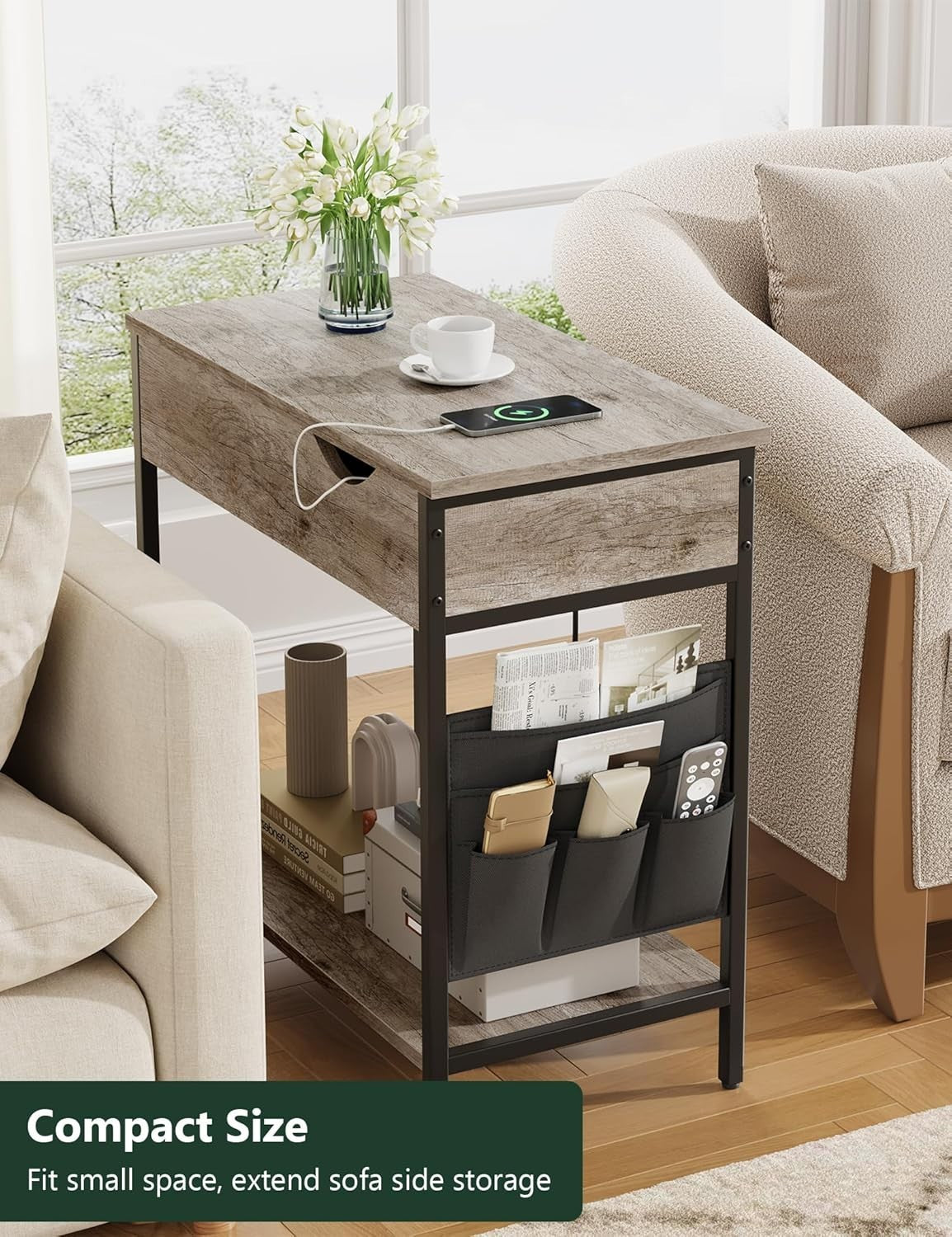 Light Wood Narrow Bedside Table with USB Charging Ports & Storage