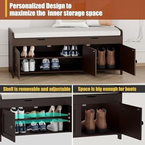 Espresso Shoe Storage Bench with Cushion Seat 3-Door Cabinet, Hidden Compartment