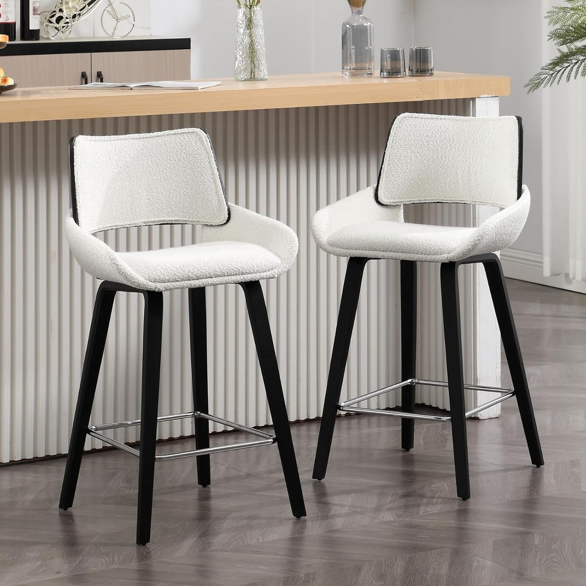 Modern White Bar Stools Set of 2 | Sherpa Seat, Solid Wood Frame