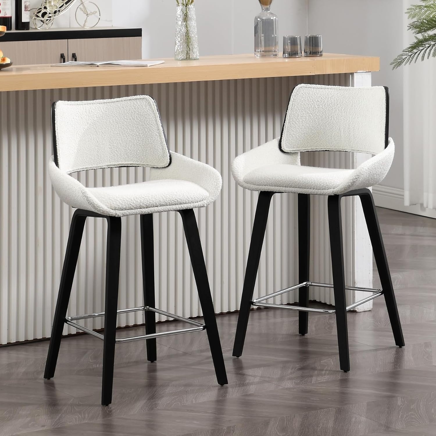 Modern White Bar Stools Set of 2 | Sherpa Seat, Solid Wood Frame