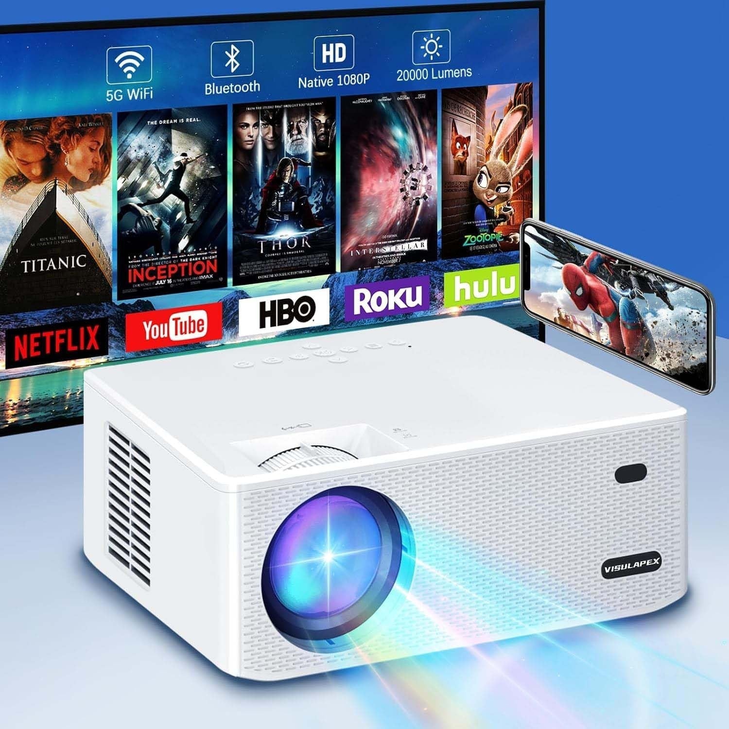 1080P 4K Projector 700 ANSI WiFi 6 Bluetooth Home Theater 200"