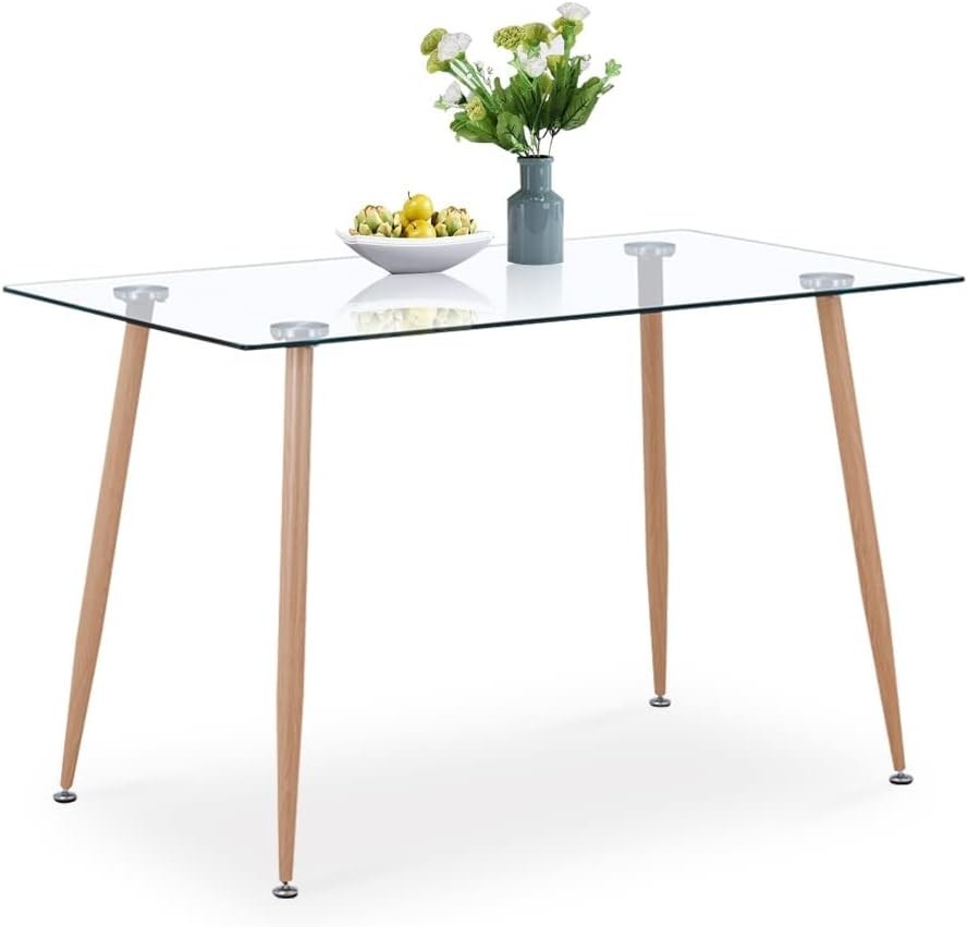 Modern Rectangular Glass Dining Table with Wood Style Legs 4 6 Seater 120cm