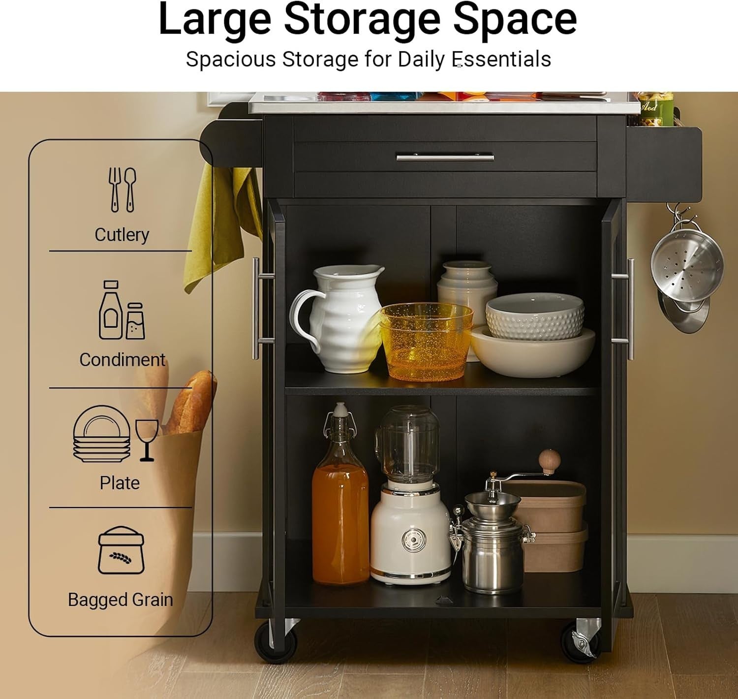 80x46x90cm Kitchen Island Cart Stainless Steel Top Black