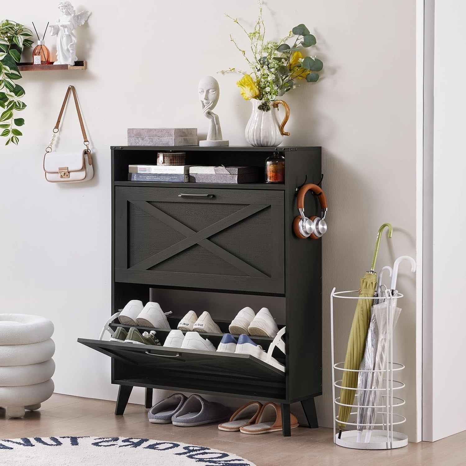 Space-Saving Shoe Cabinet with 2 Folding Doors & Removable Shelves – Black