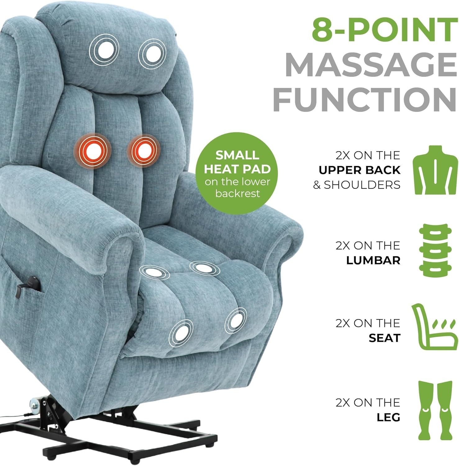 Dual Motor Lift Recliner Chair Heat Massage Fabric Riser Mobility Support Blue