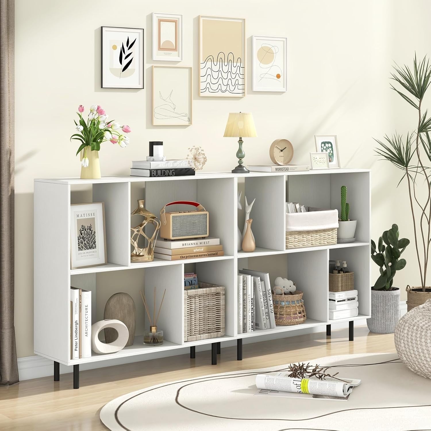 4-Cube Storage Bookcase White Wooden Shelves Metal Legs Anti-Tip 90x30x90cm