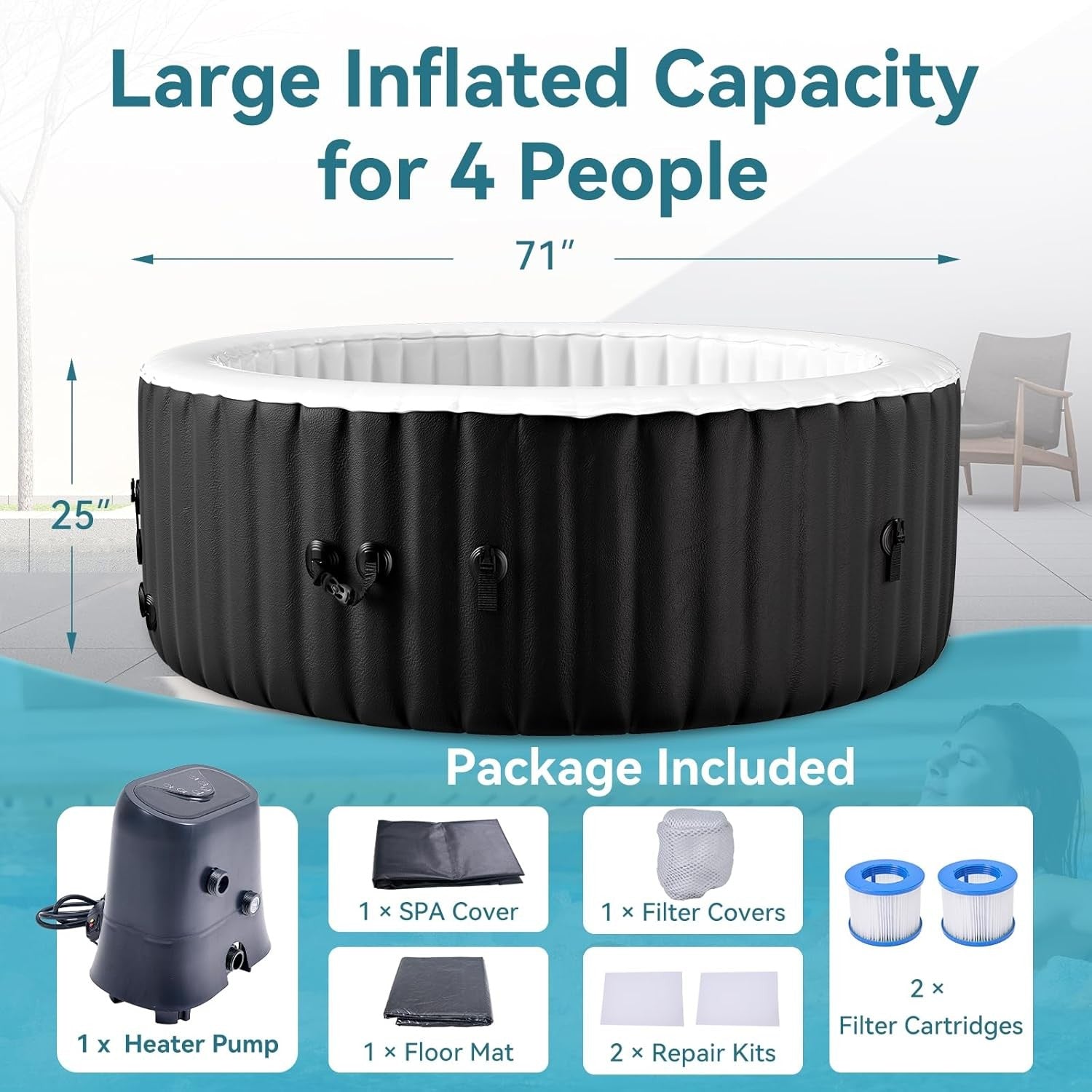 Inflatable Hot Tub Spa 120 Air Jets Heated 4 Person Round Garden
