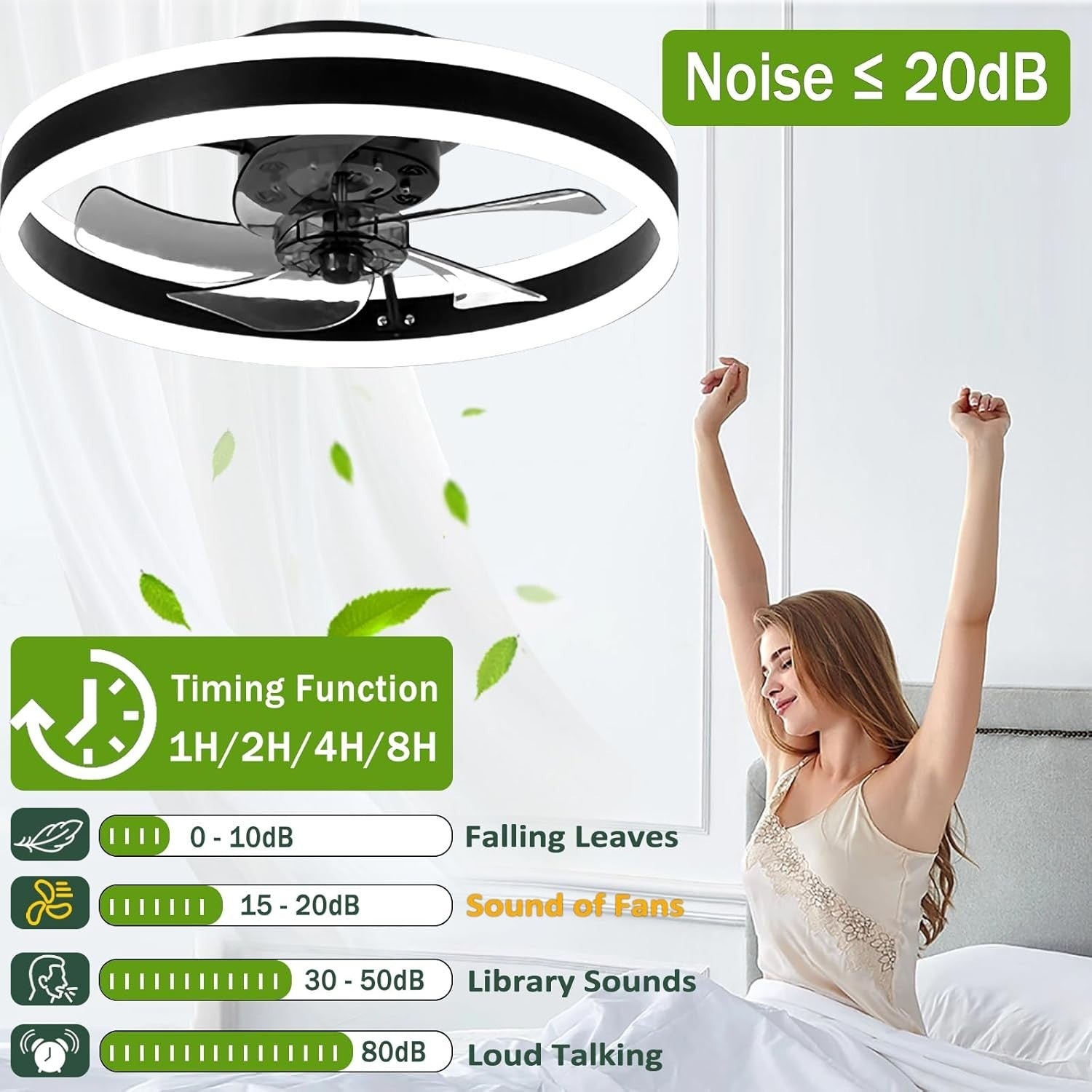 50CM LED Ceiling Fan Light, 6 Speeds, Reversible, Dimmable, Black