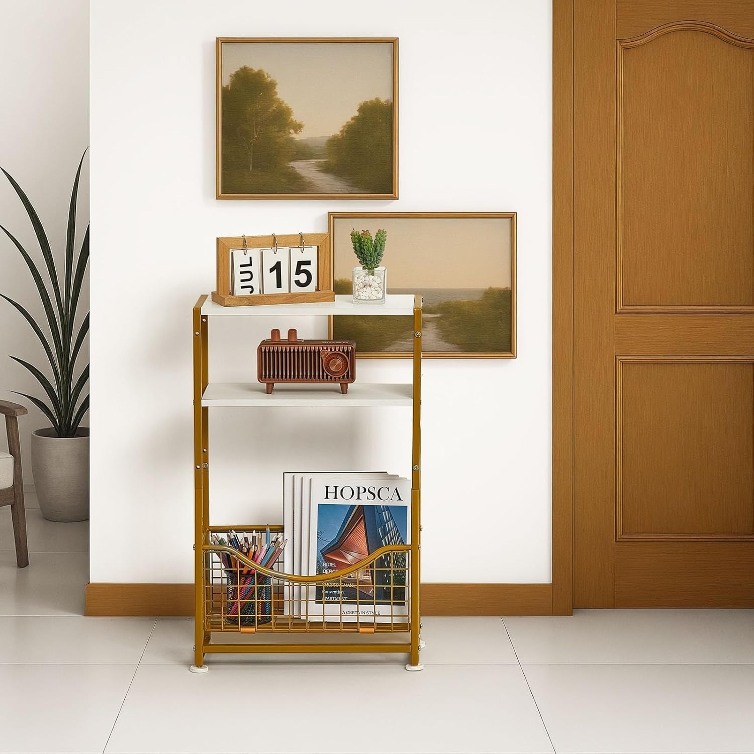White Gold 3-Tier Narrow Side Table 30x30x50 cm | Slim End Table w/ Storage