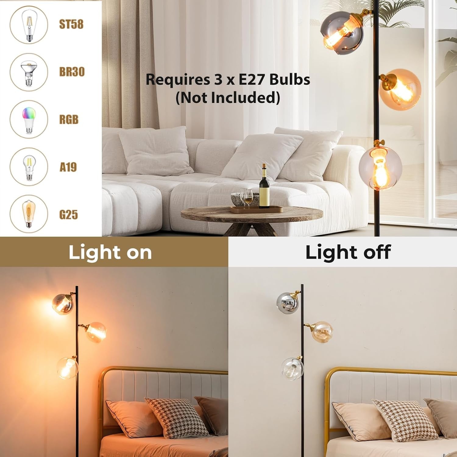 3 Light Floor Lamp Industrial Tree Standing Lamp Glass Shades E27 Tall