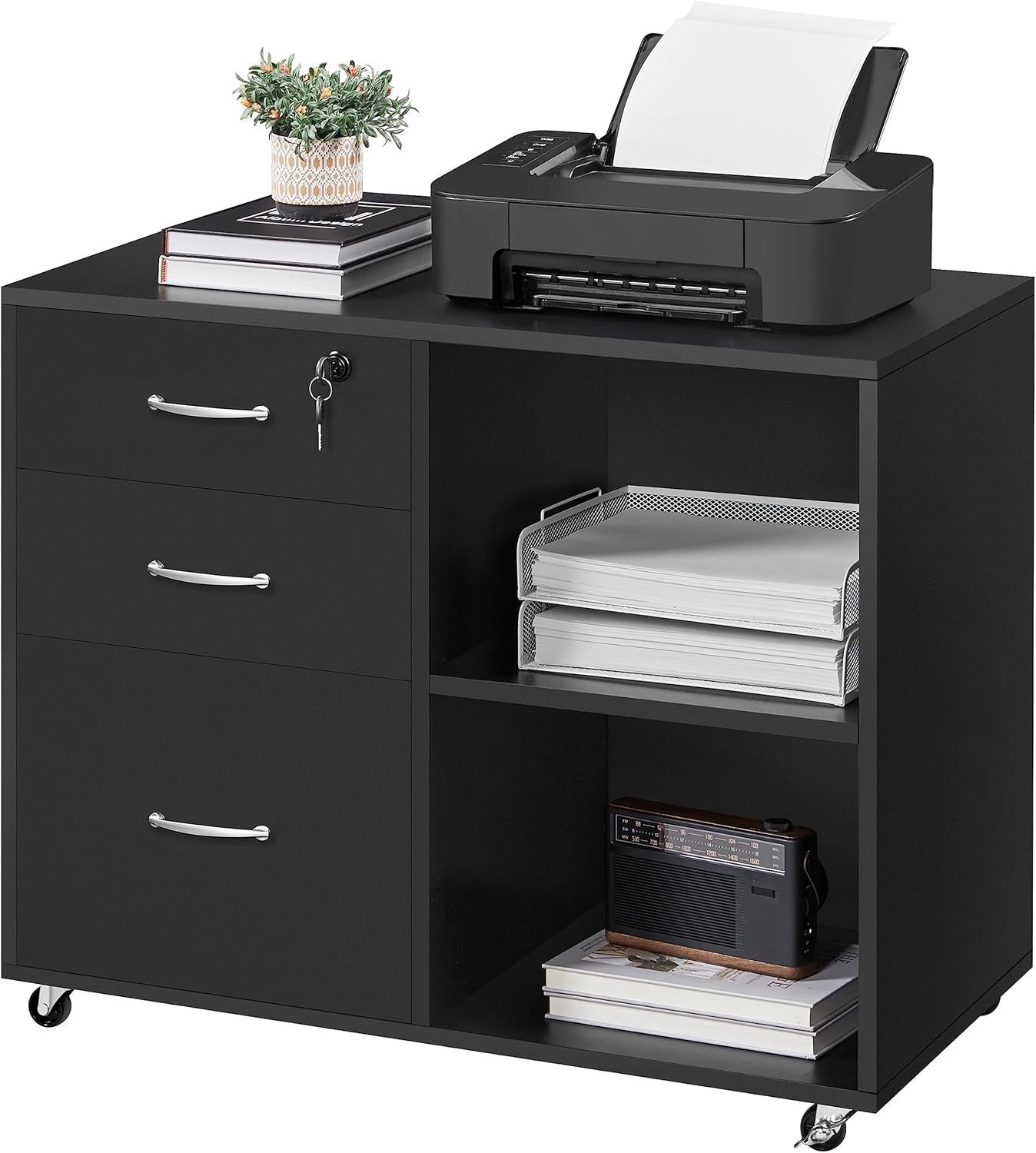 Mobile Filing Cabinet with Lockable Drawers Printer Stand Rolling Office Storage