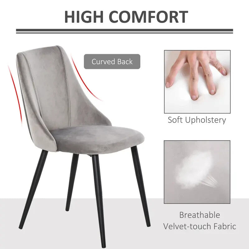 2x Grey Velvet Dining Chairs Set Metal Legs Padded Seat Kitchen Lounge
