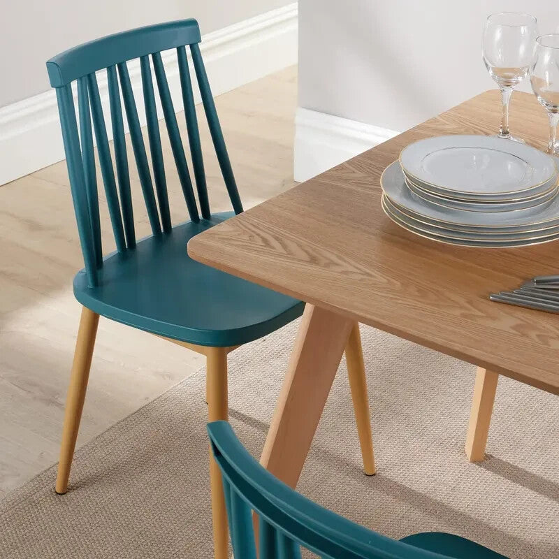 4 Seater Dining Table Set Beech Legs Oak Veneer Top & Teal Pattern Chairs