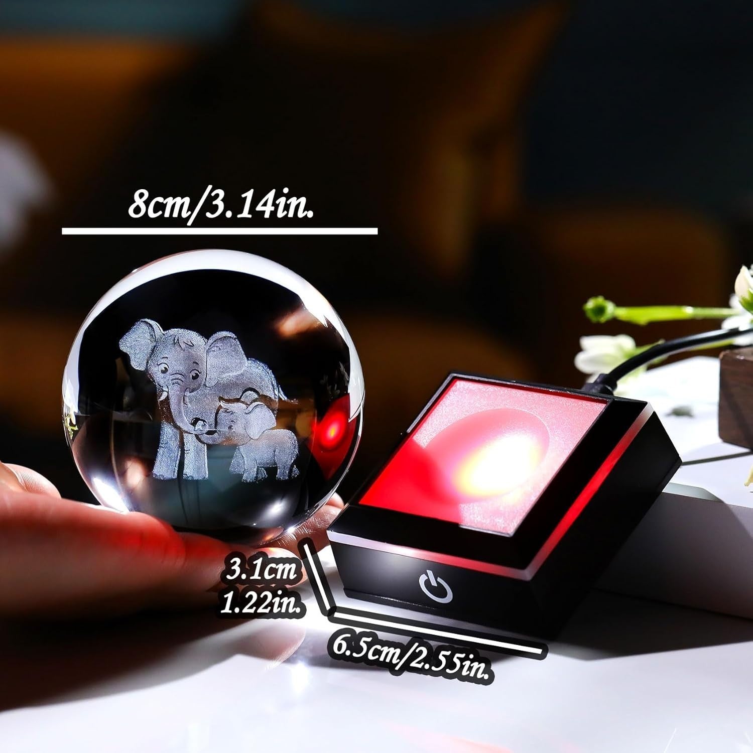 3D Crystal Elephant LED Globe 8cm Light Up Ornament Gift for Mum Family Decor