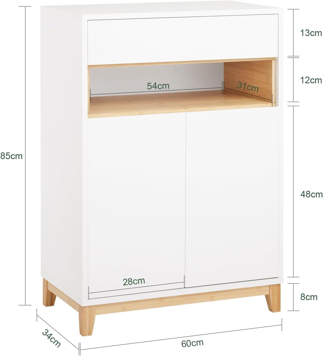 White Sideboard Cabinet with Drawer & Adjustable Shelves Bamboo Legs 60x34x85cm