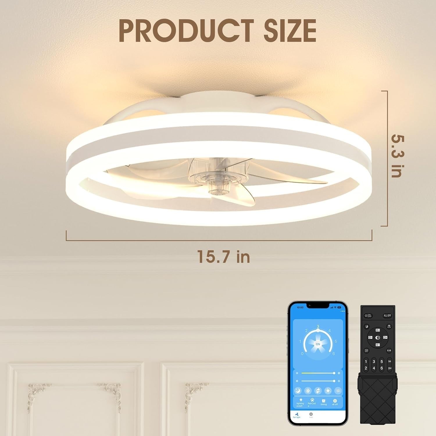 40cm LED Ceiling Fan Light with Remote, 6 Speeds, Dimmable, Quiet Airflow