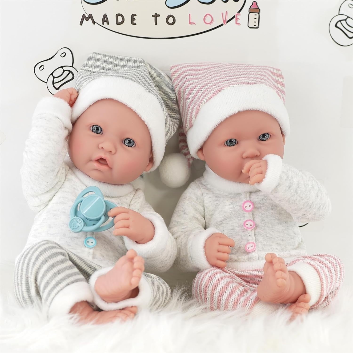 Twin Baby Dolls Boy Girl Set w Dummies Feeding Accessories Gift