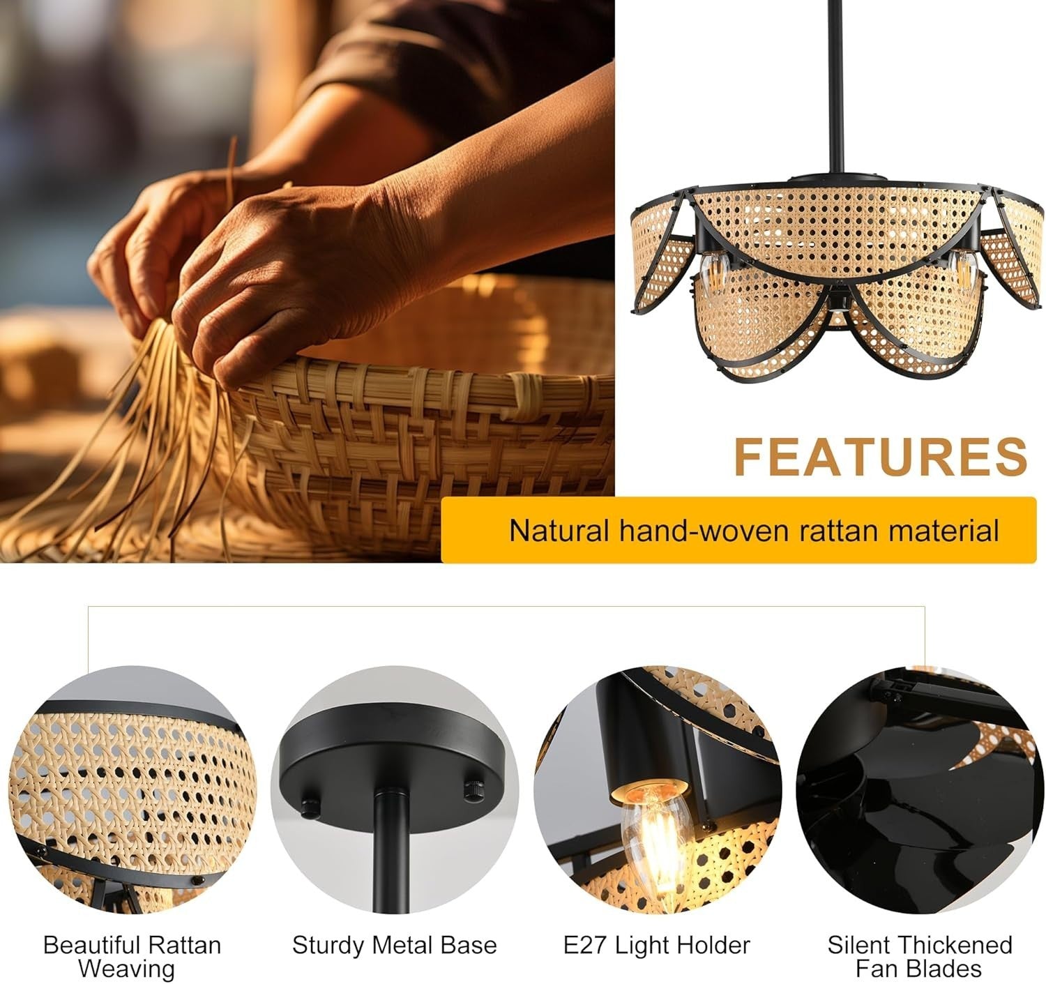 Boho Rattan Ceiling Fan Light 51CM, 6-Speed, Remote, APP, Black