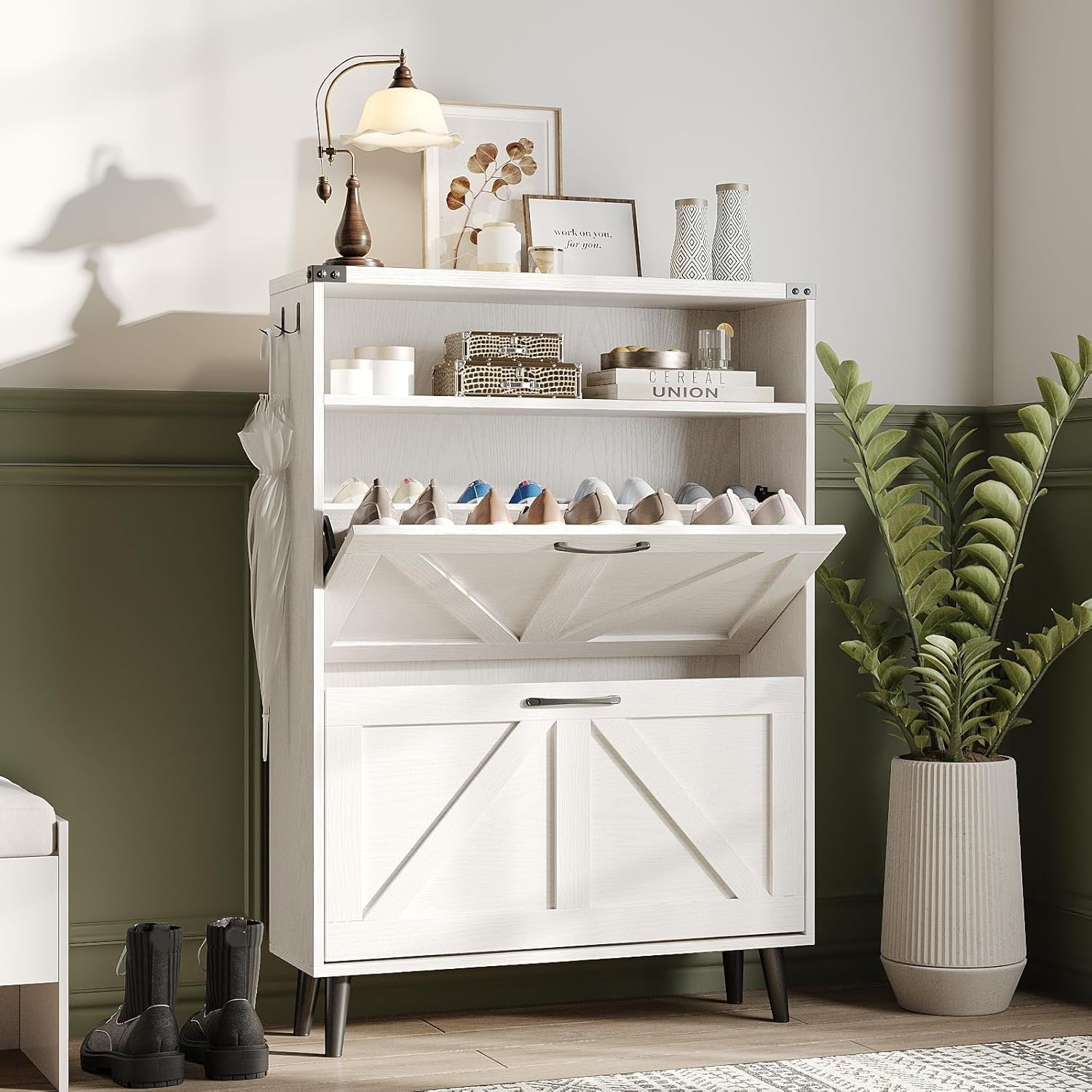 Slim White Shoe Cabinet with 2 Flip Drawers & Adjustable Shelves, Narrow Hallway