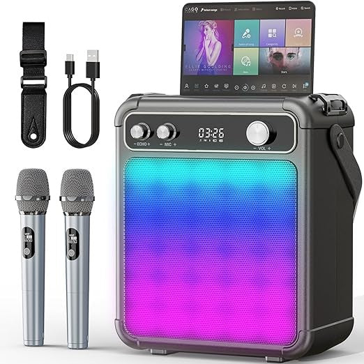 Portable Bluetooth Karaoke Machine with 2 Wireless Mics, LED Lights & Echo
