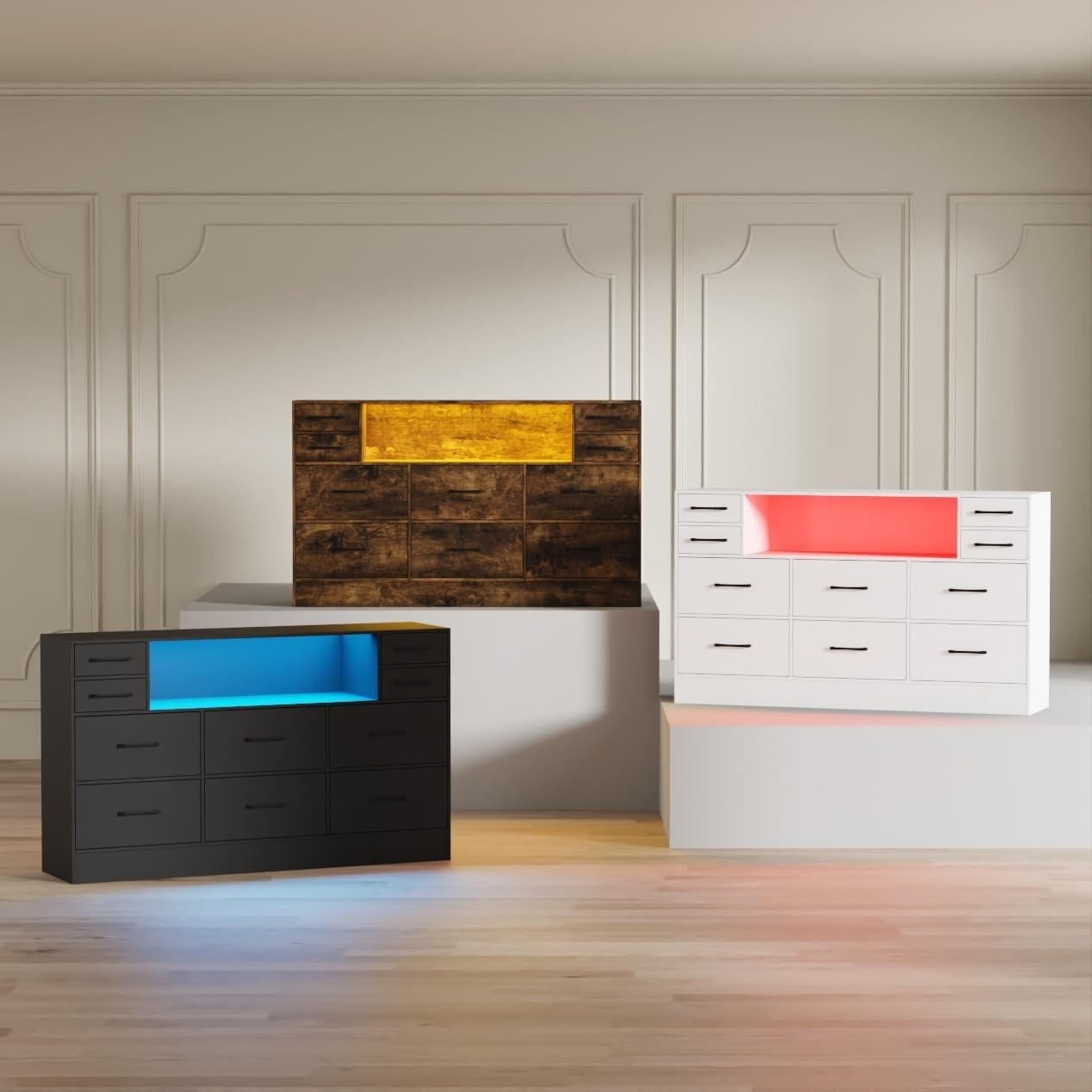 Rustic 10 Drawer LED Storage Cabinet with Wood Top for Bedroom 120x72cm