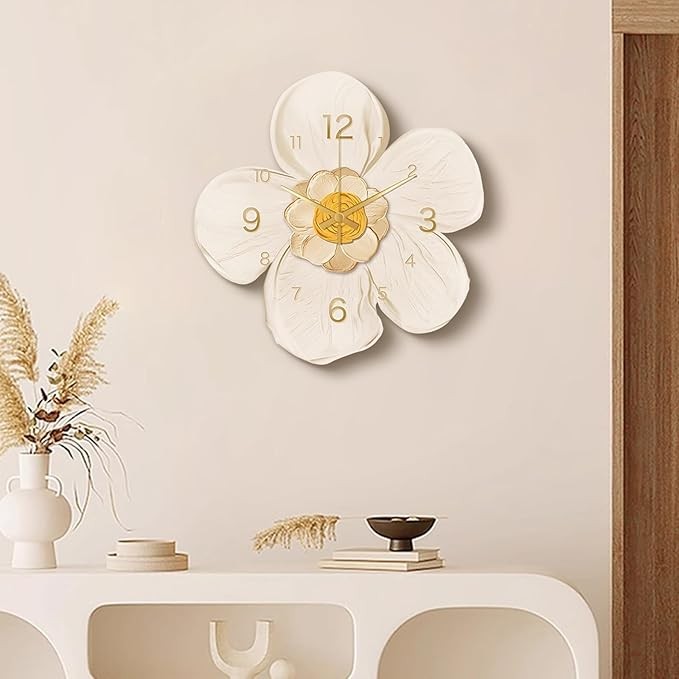 Beige Flower Wall Clock 35cm Art Deco Porcelain Silent Modern Home Decor