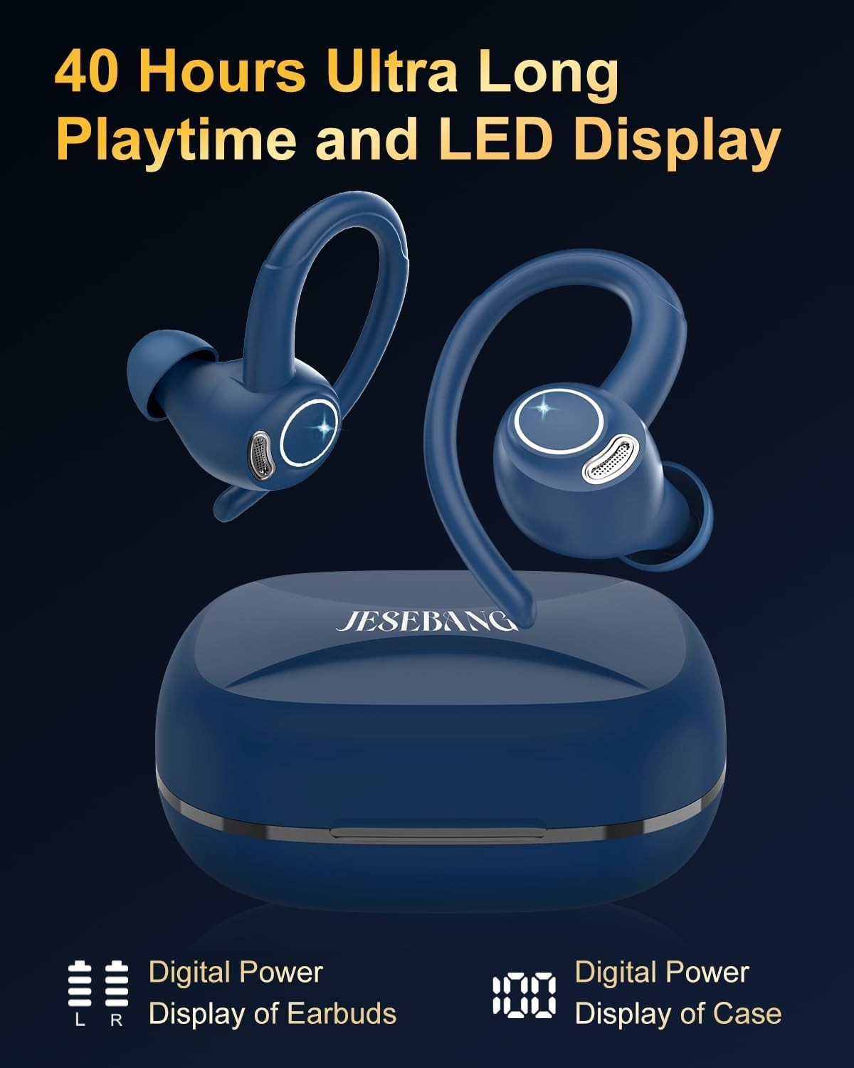 Blue Bluetooth 5.3 Earbuds 40H LED Display ENC Mic Waterproof Sport