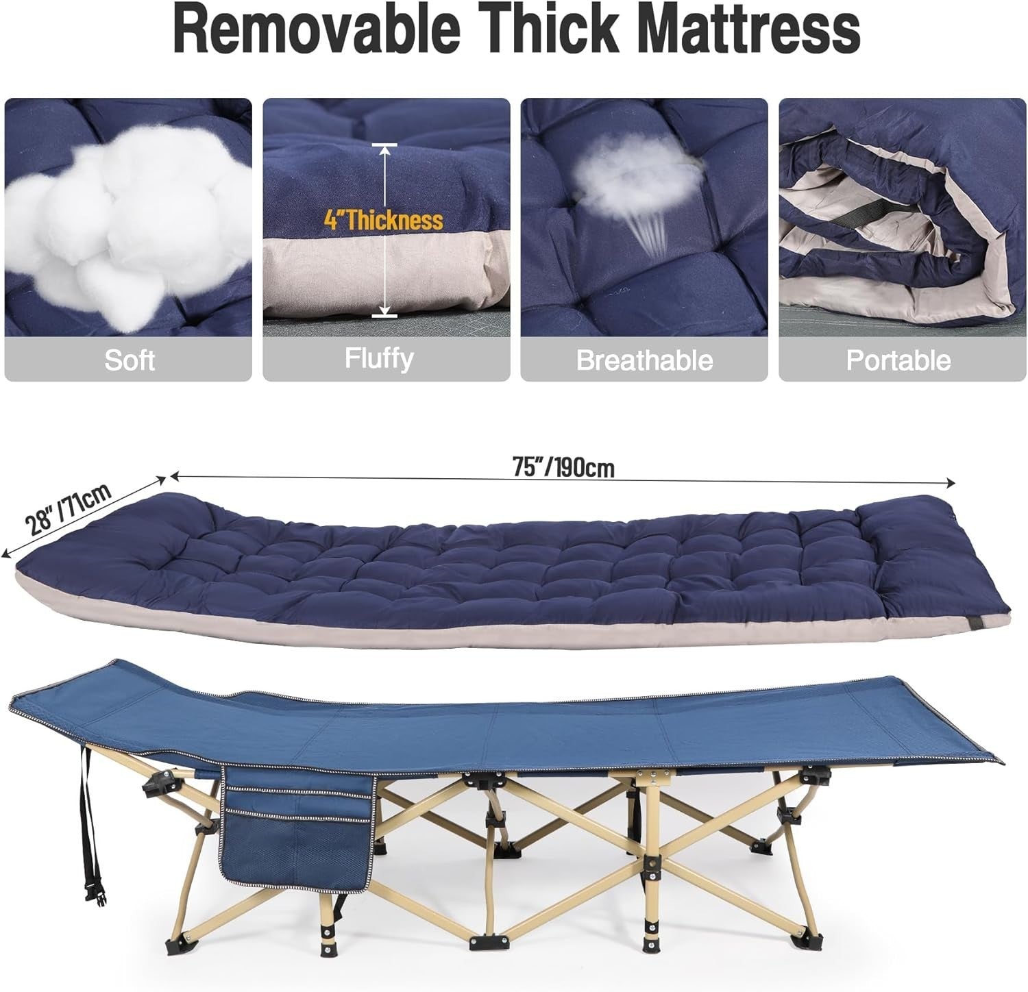 Folding Camp Bed with Thick Mattress | 500lbs Heavy Duty Blue Sleeping Cot